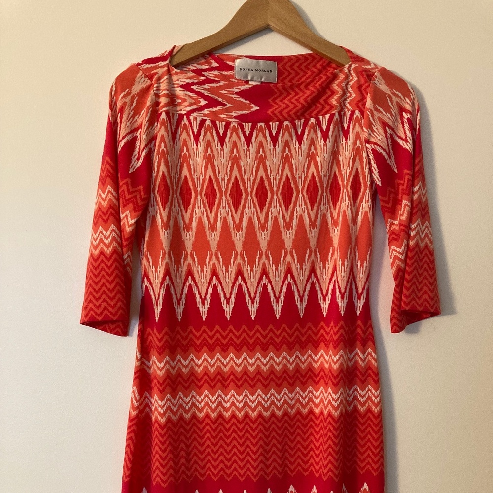 Donna Morgan Orange Pink 3/4 Sleeve Chevron Printed Dress Size 4